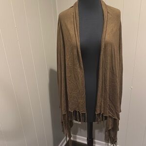 Venus milk chocolate soft fine knit open draped neckline fringed cardigan Medium